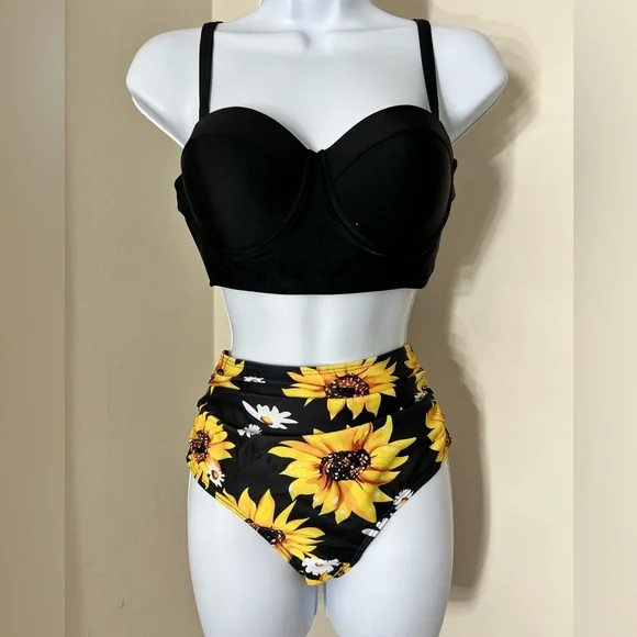Sunflower Print Push Up High Waisted Bikini Set - Picture 2 of 9